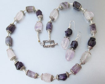 Vintage Handmade Sterling Silver Amethyst Nugget Toggle Necklace & Pierced Dangle Earrings Set