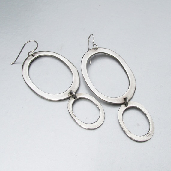 SALE! Long Sterling Silver Double Oval Dangles Pi… - image 1
