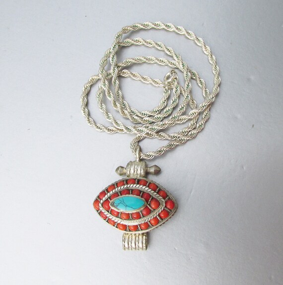 Sterling Silver Coral & Turquoise Vintage Pendant… - image 6