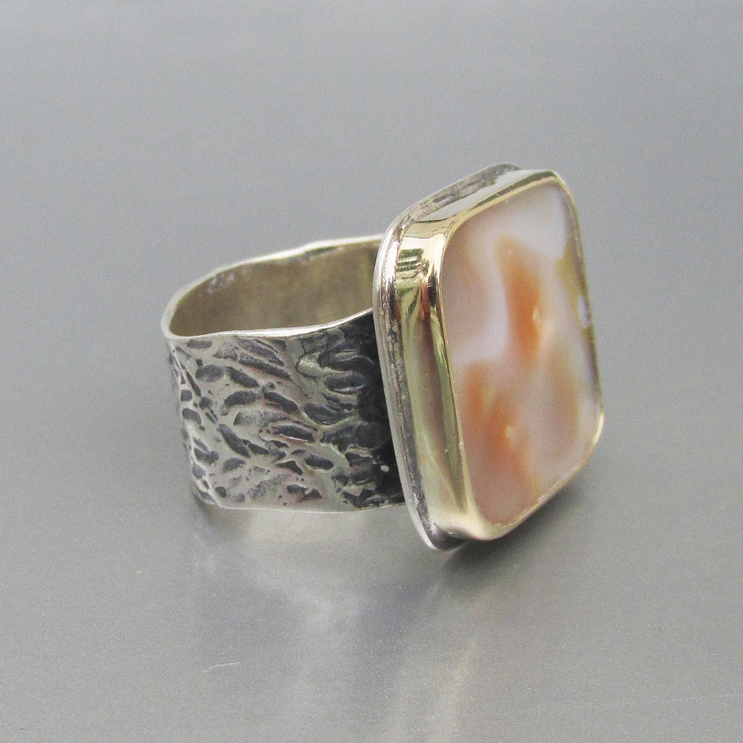 Square Peach Rings Square Peach Mother-of-pearl Wide Textured Sterling Silver Band Ring ...