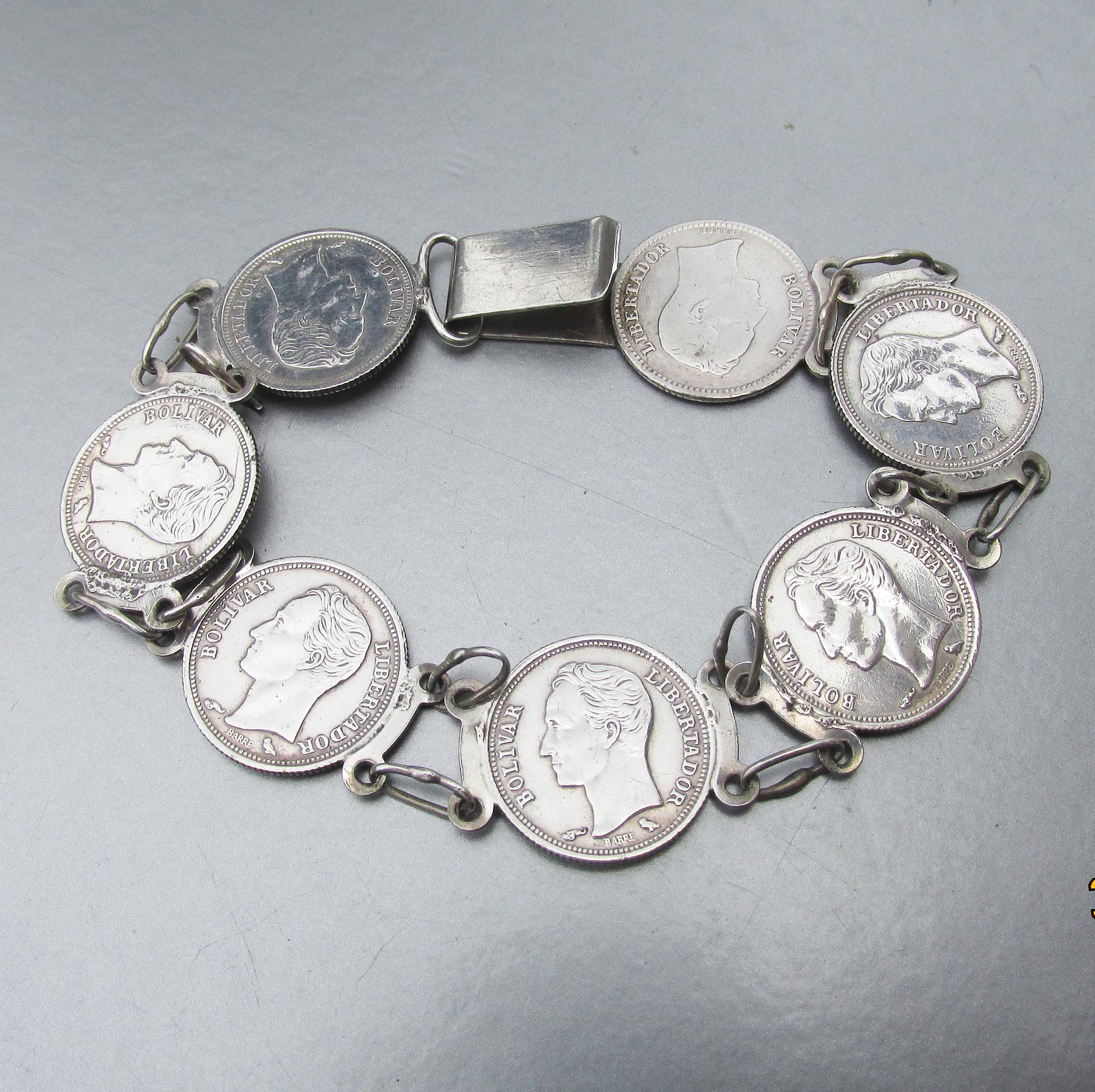 アクセサリー Vintage coinsilver Bracelet Vintage 1960 Venezuela Bolivar 25 Cent Silver Coin Link