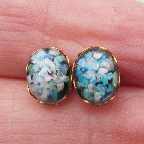 SALE! 14k Gold Genuine Mosaic OPAL Oval Stud Earr… - image 3