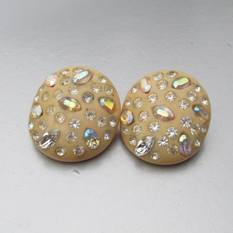 Signed WEISS Vintage Thermoplastic Aurora Borealis Rhinestone Clip Earrings