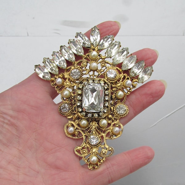 Rare Signed Thelma DEUTSCH Vintage Faux Pearl & Rhinestone HUGE Brooch Pin