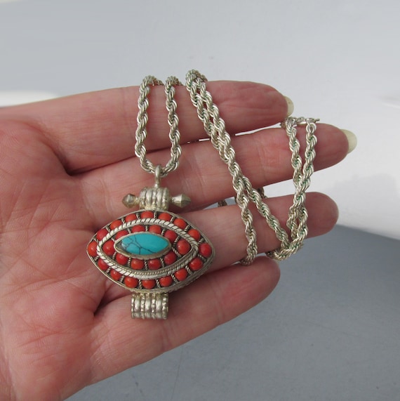 Sterling Silver Coral & Turquoise Vintage Pendant… - image 5