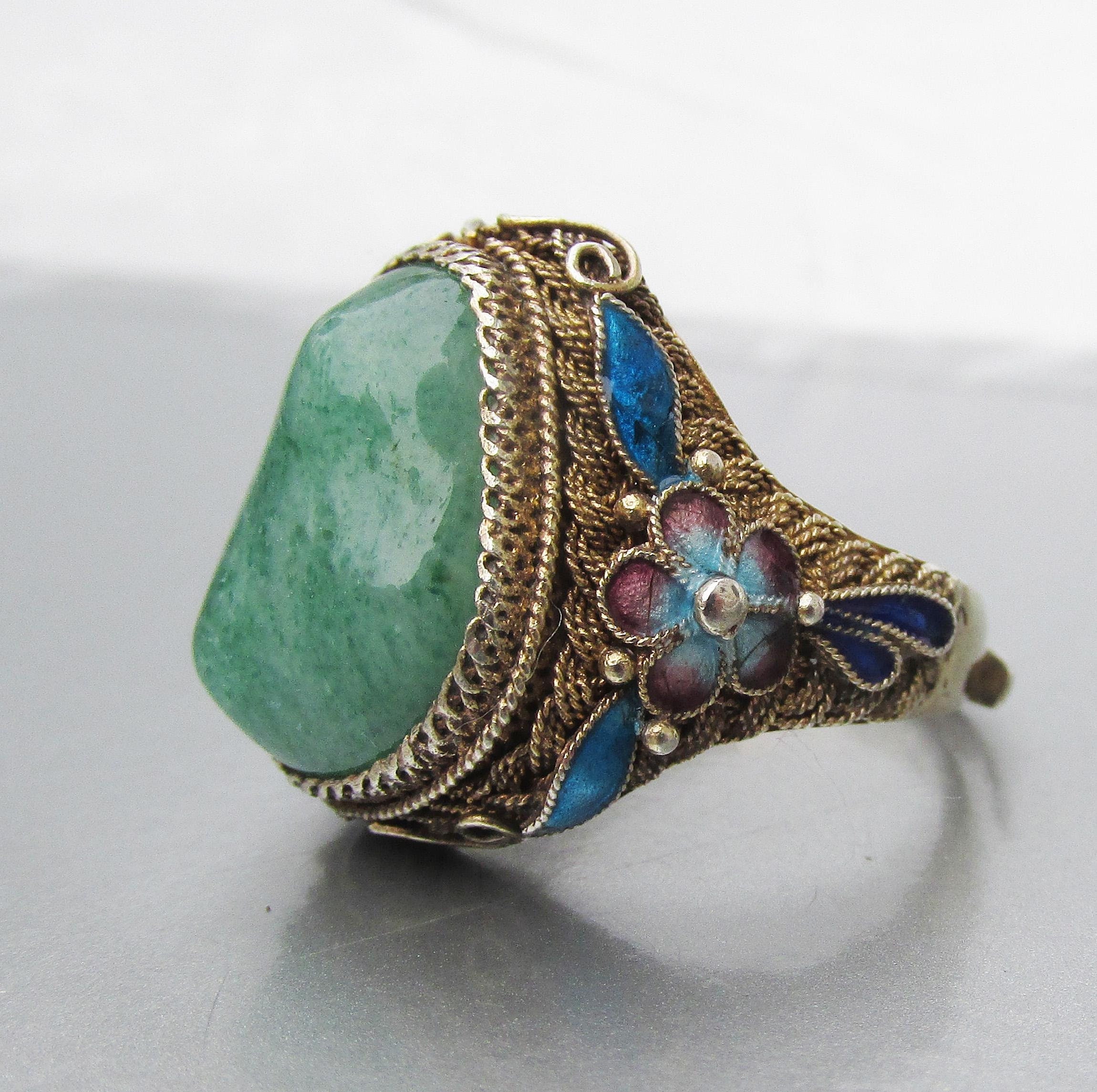 Antique Chinese Export Gilt Silver JADE Floral Cloisonne
