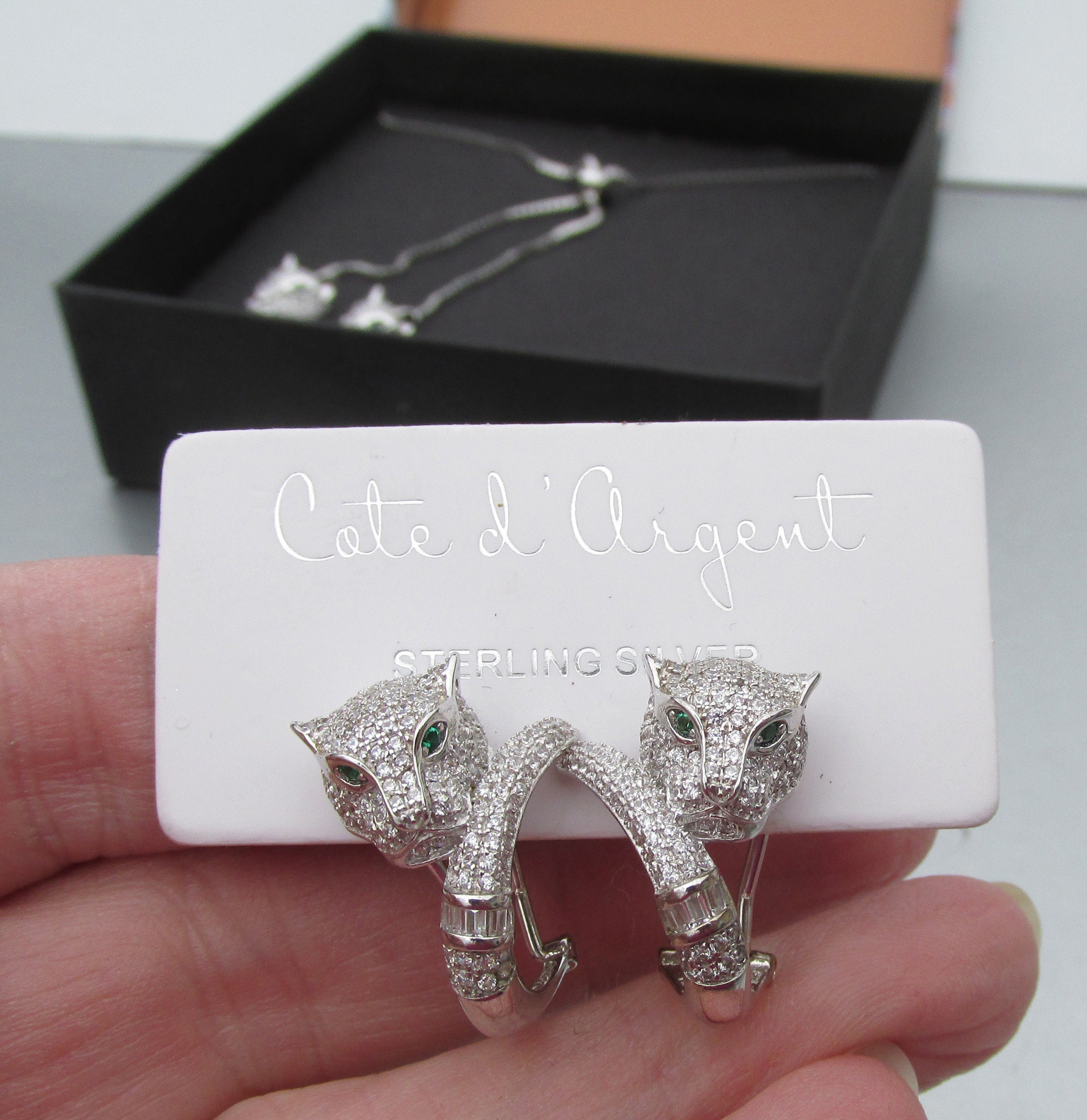 Cote D Argent Vintage Sterling Silver CZ Panther Jaguar CAT Hoop