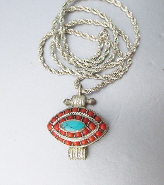 Sterling Silver Coral & Turquoise Vintage Pendant… - image 1