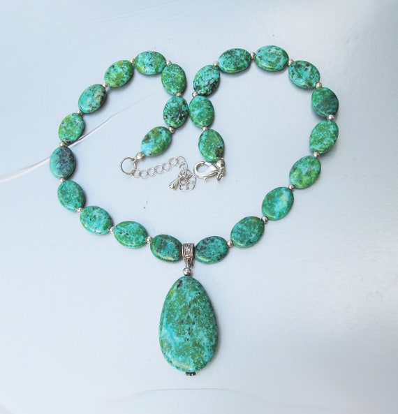 African Turquoise Bead & Teardrop Pendant Necklace