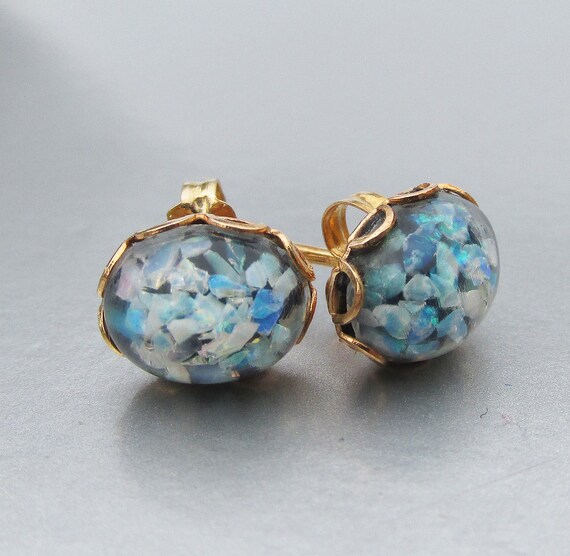 SALE! 14k Gold Genuine Mosaic OPAL Oval Stud Earr… - image 2