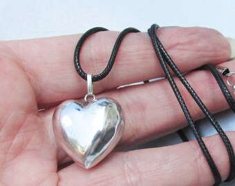 Sterling Silver Puffy HEART Pendant Black Cord Vintage Necklace