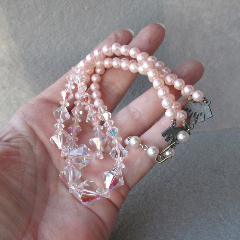Pretty Double Strand Vintage PINK Faux Pearl Crystal Bead Necklace FREE Ship