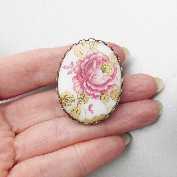 Pink ROSE Enamel Vintage China Brooch Pin - image 3