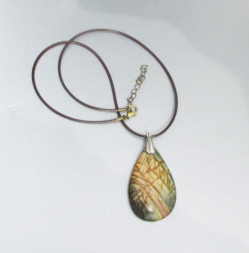 Large Cherry Creek Jasper Sterling Silver Vintage Pendant Brown Cord