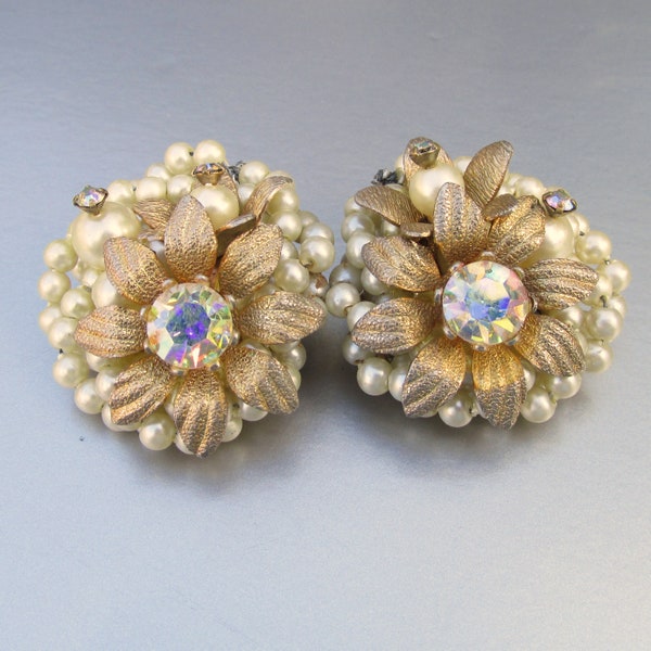 Beau JEWELS Vintage BIG Faux Pearl & Rhinestone Mid-Century Flower Earrings