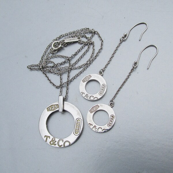 Genuine Tiffany & Co. 1837 Sterling Silver Vintage Circle Pendant Necklace, Dangle Earrings Set