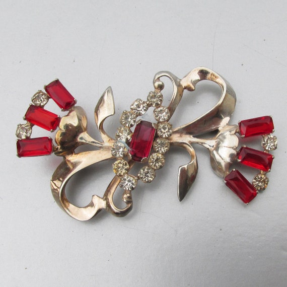 Retro 1940's Gilt Sterling Silver Red Rhinestone T