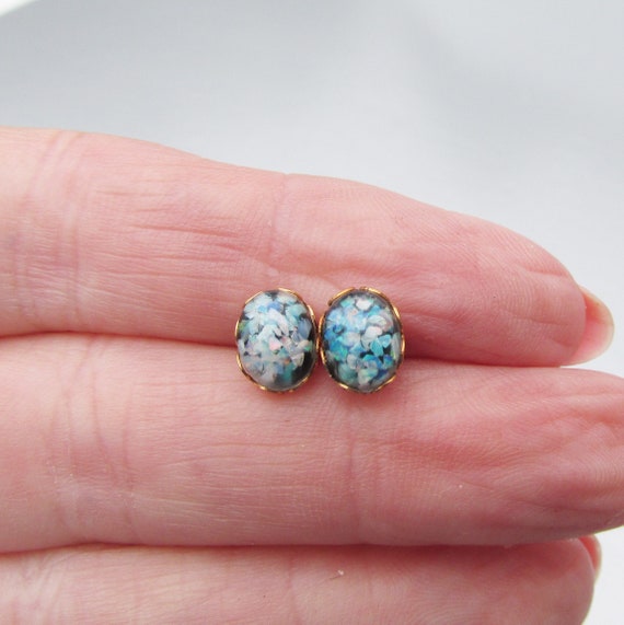 SALE! 14k Gold Genuine Mosaic OPAL Oval Stud Earr… - image 1