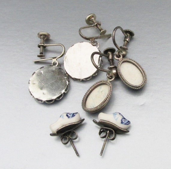3 Pair Vintage Dutch DELFT Porcelain Pottery Earrings… Gem