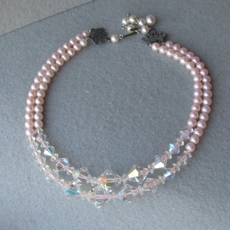 Pretty Double Strand Vintage PINK Faux Pearl Crystal Bead Necklace FREE Ship