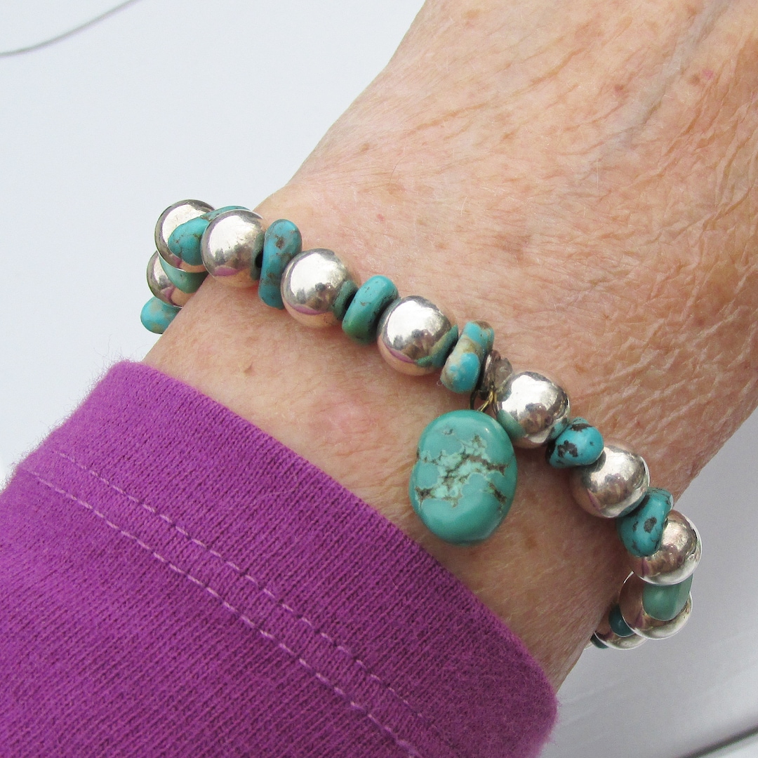 SALE Sterling Silver & Turquoise Bead Vintage Stretch Etsy