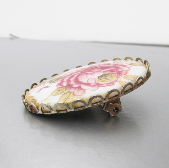 Pink ROSE Enamel Vintage China Brooch Pin - image 2