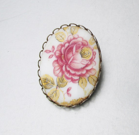 Pink ROSE Enamel Vintage China Brooch Pin - image 4