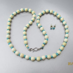 Vintage Mid-Century Carved Bovine Bone & Turquoise Bead Necklace, Stud Earrings Set