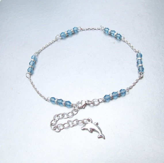 Sterling Silver DOLPHIN Charm Blue Swarovski Crystal Ankle