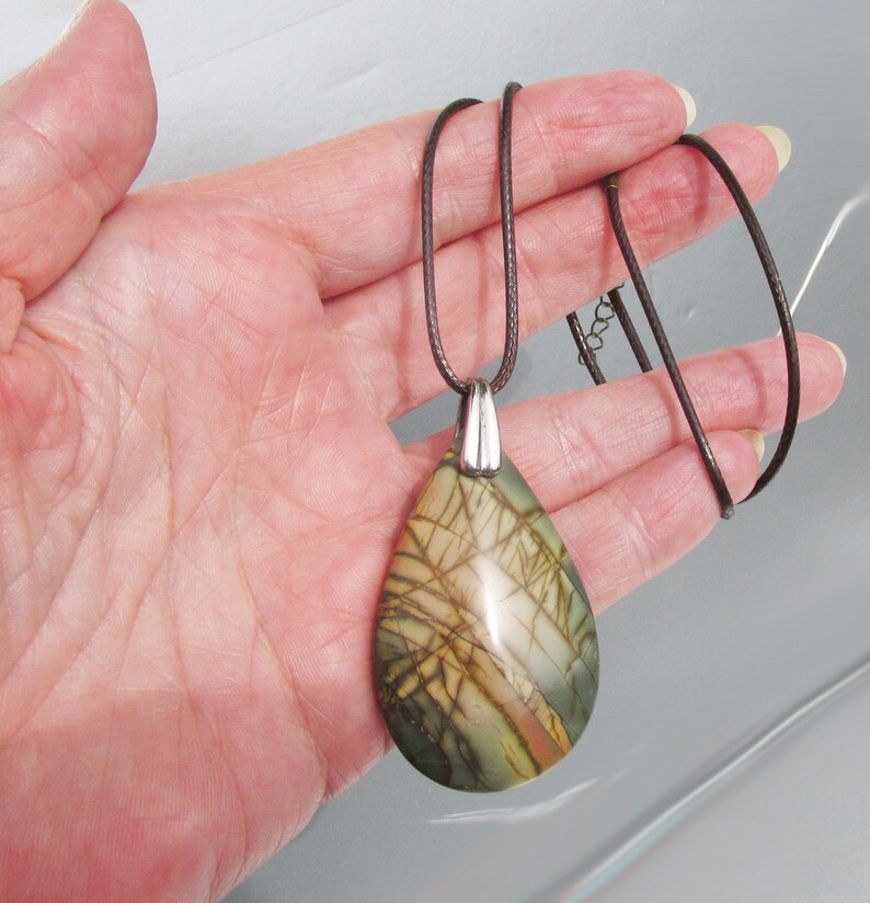 Large Cherry Creek Jasper Sterling Silver Vintage Pendant Brown Cord