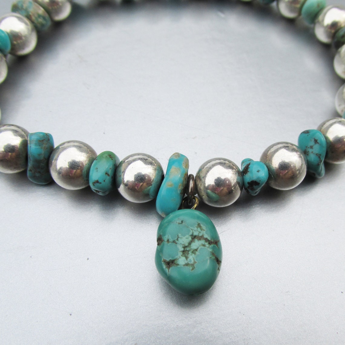 Sterling Silver & Turquoise Bead Vintage Stretch Bracelet Etsy