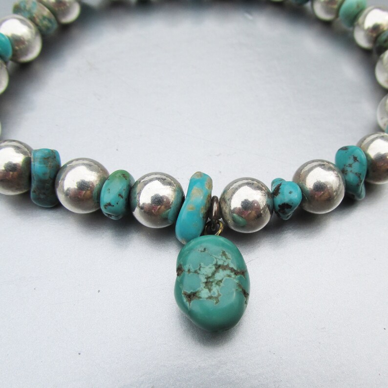 Sterling Silver & Turquoise Bead Vintage Stretch Bracelet Etsy