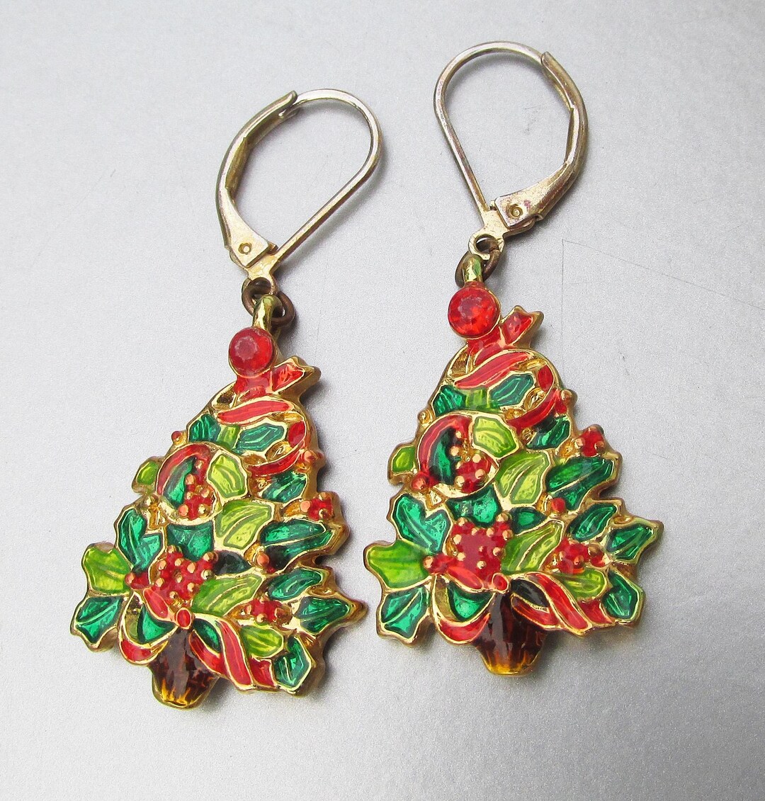 Signed Christmas TREE Enamel Lever Back Gold Tone VTG Dangle Earrings ...