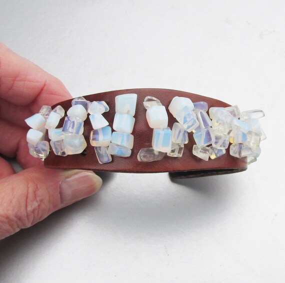 White Opaline Glass "Ice Cubes" Leather Cuff Brac… - image 2