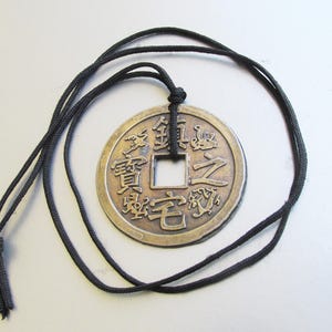 Vintage Round Brass Chinese Symbols Pendant Cord Necklace