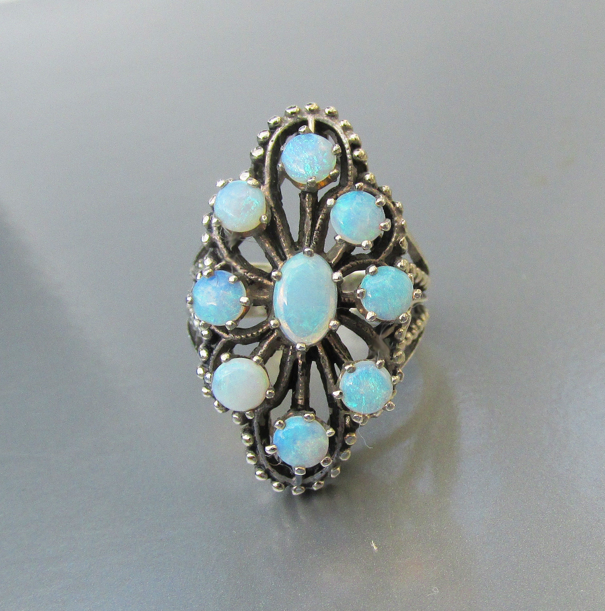 Sterling Silver & Genuine Opal Vintage Cocktail Ring, Size 6 1/2