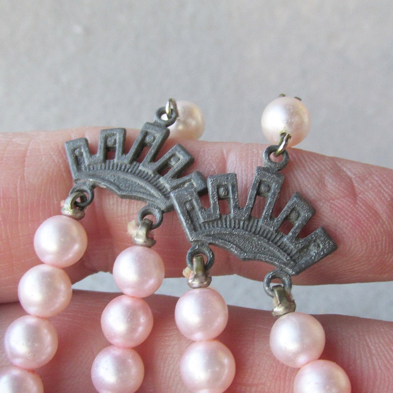 Pretty Double Strand Vintage PINK Faux Pearl Crystal Bead Necklace FREE Ship