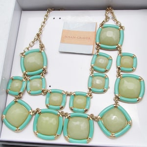 Signed Susan GRAVER Aqua & Yellow BIB Vtg Necklace New In Box