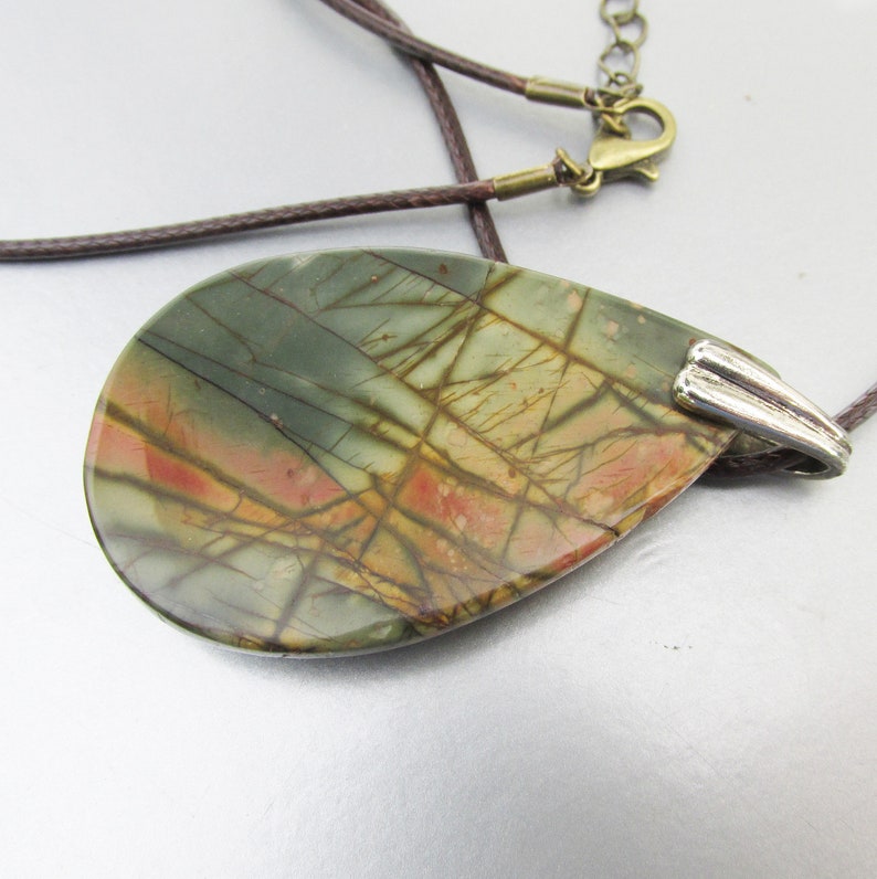 Large Cherry Creek Jasper Sterling Silver Vintage Pendant Brown Cord