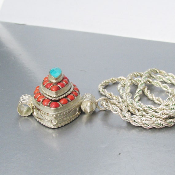 Sterling Silver Coral & Turquoise Vintage Pendant… - image 3