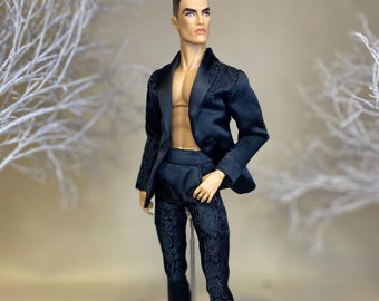 Traje de brocado negro para muñecos masculinos de 12” escala 1/6