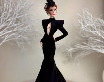 Vestido de noche negro para muñecas de 12” escala 1/6