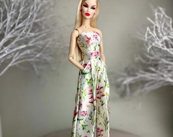 Gebloemde jumpsuit met vakken voor 12-inch modepoppen, schaal 1/6, handgemaakte poppenkleding