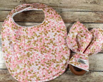 Confetti pink and gold bibs and teething ring set