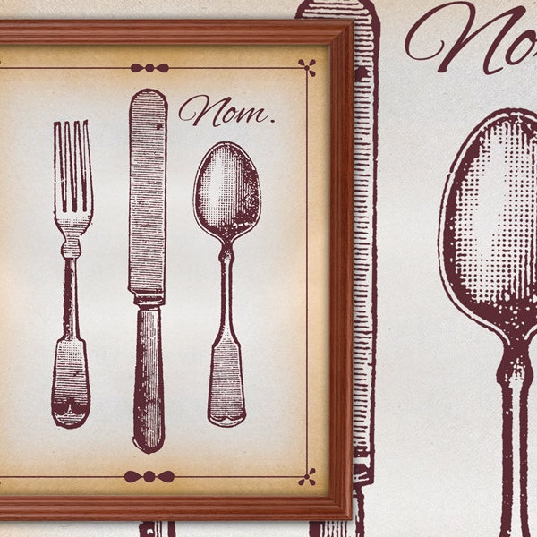 Nom Nerd Couture Marsala Kitchen Dining Room Vintage Art Antique Cutlery Fork Knife Spoon Poster Worn Page Fade 8x10 9x12 11x14 16x20 18x24