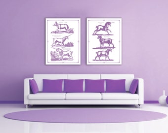 Know Your Unicorns Set of Two Posters Home Decor Fantasy Antique Custom Color Vintage Print