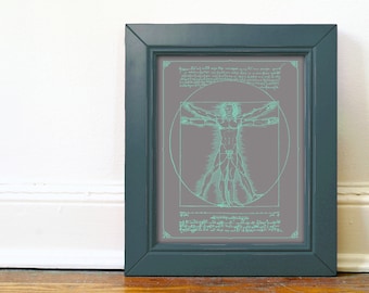 Vitruvian Man Art Print DaVinci Lucite on Titanium Gray Poster Wall Decor Blue Green Teal  8x10 11x14 16x20 18x24