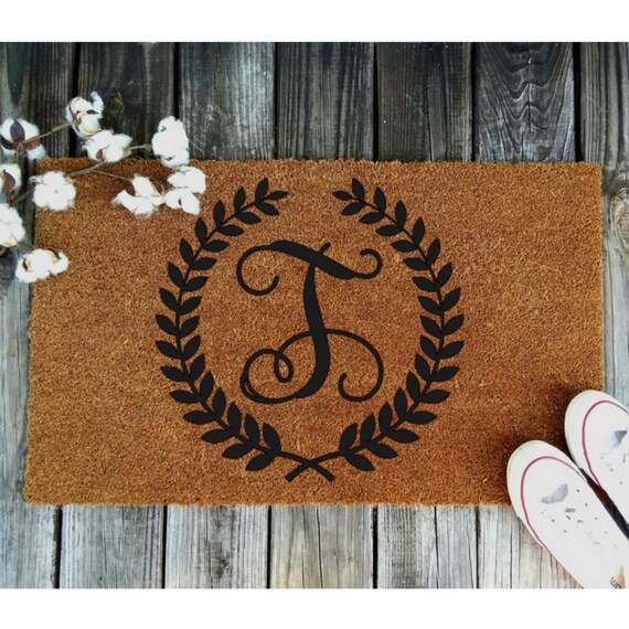 Wreath With Initial Door Mat Personalized Door Mat Custom Etsy