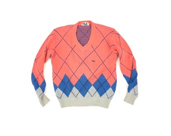 FILA Pink Argyle V-Neck Wool Sweater. Sz US 6. S/M. Italy.