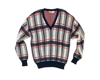 ELLESSE V-Neck Check/Plaid Wool Sweater. Sz 38. Italy.